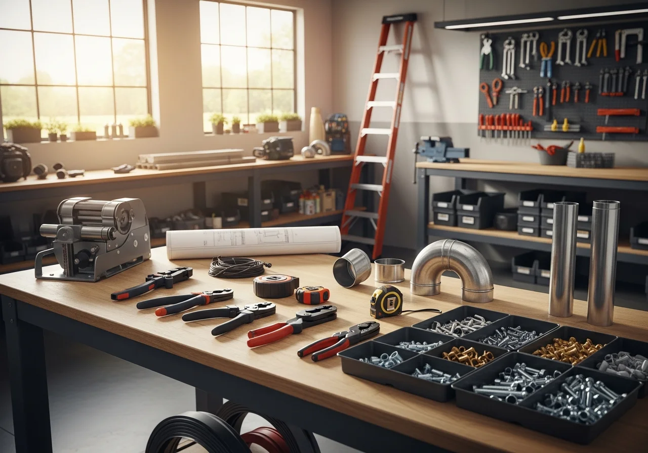 Professional contractor tools and equipment arranged on a workbench, representing the skilled trades and home improvement services offered.