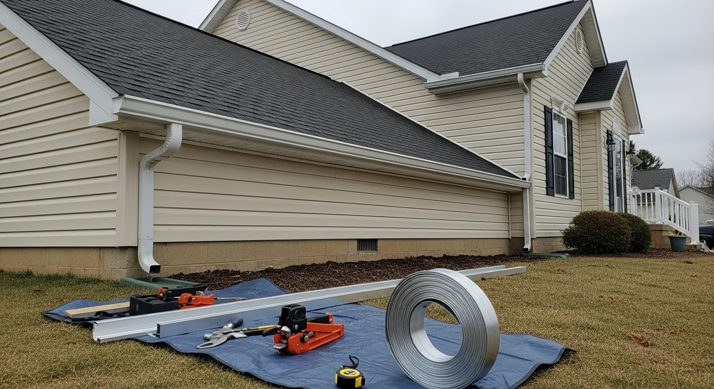 Seamless gutter installation on residential home roofline