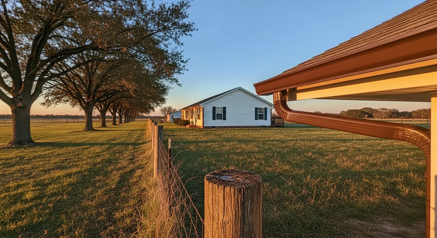 Rural Caroline County property with mature trees and open fields under clear sky.