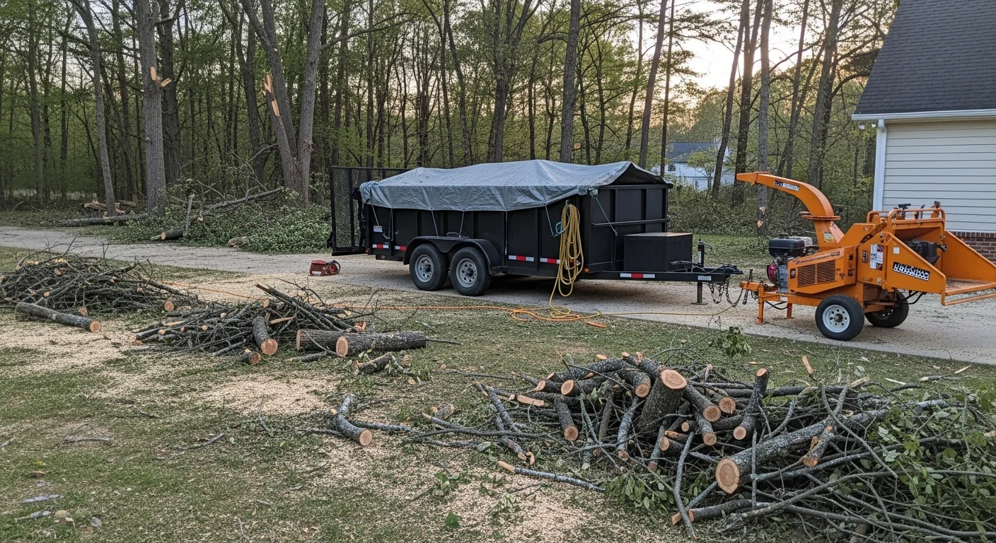 A Caroline County, VA residential yard after storm debris removal, showing a cleared lawn and roofline with fallen tree material hauled away. A clean gutter line and intact siding are visible along the front of the home.