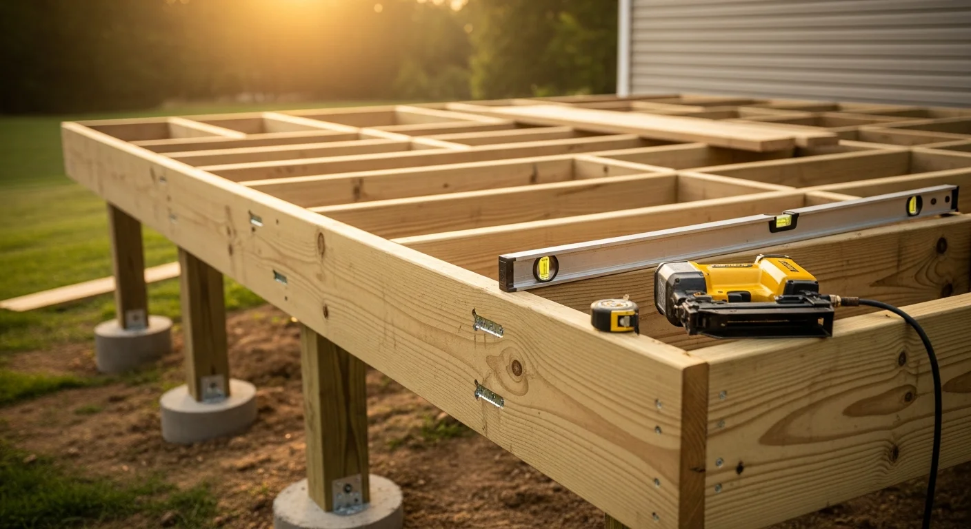 A newly built wood-framed deck attached to the back of a single-family home in Caroline County, Maryland. The deck includes code-compliant railings and is surrounded by a flat residential yard.