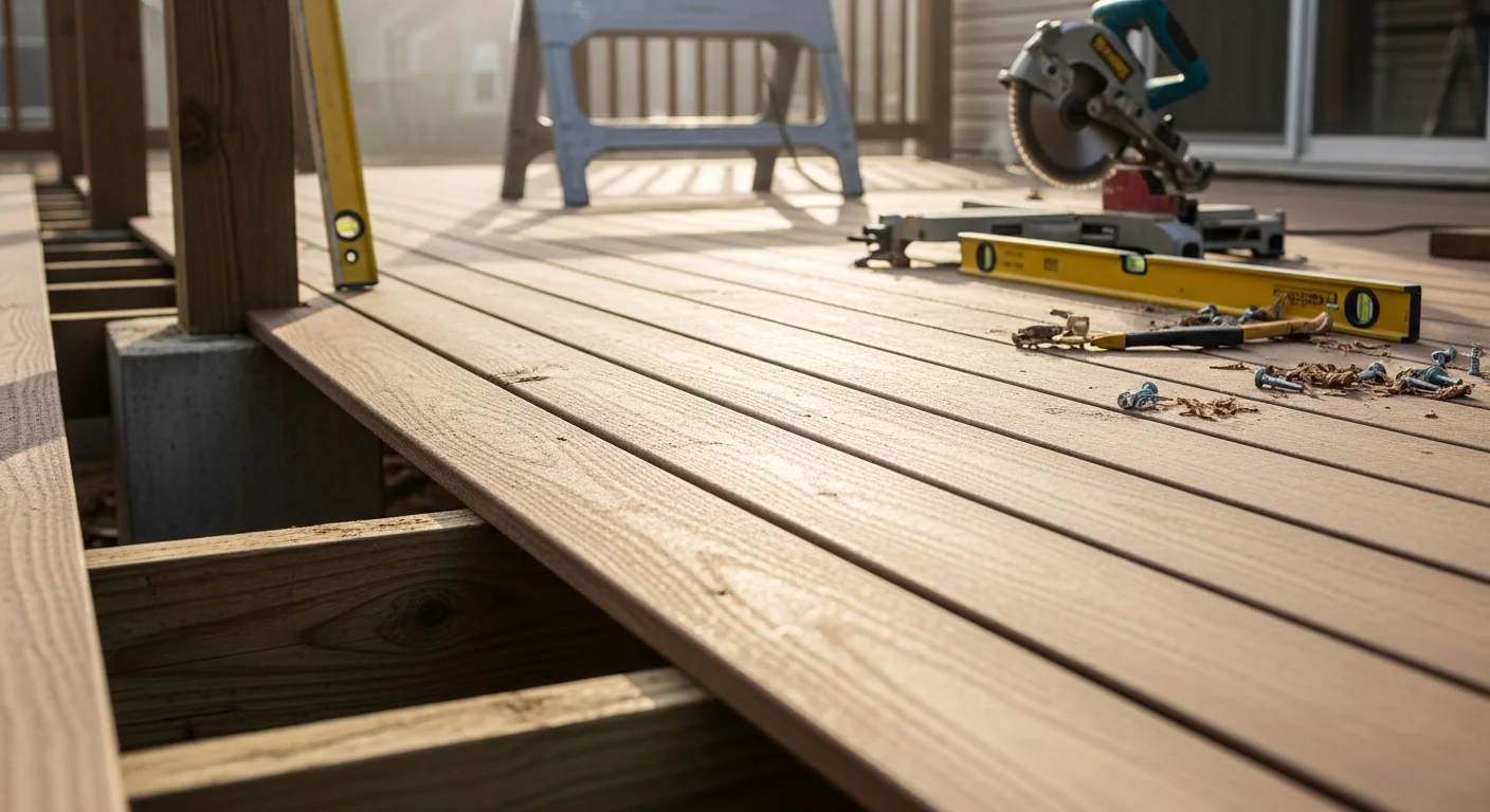 A repaired residential deck in Caroline, MD with replaced boards and secured railings on a single-story home. Close-up view shows new decking flush with existing framing after handyman repair work.