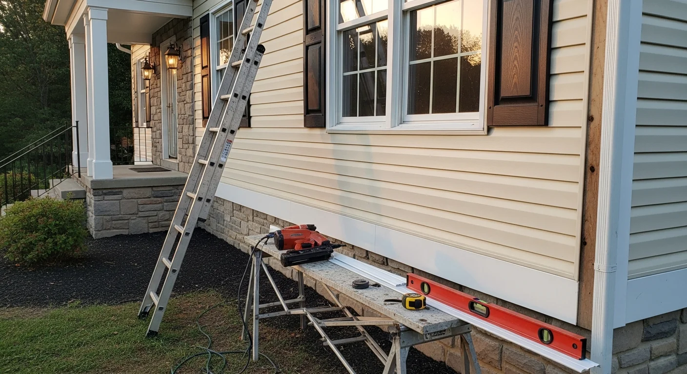 A two-story residential home in Caroline County, Maryland with freshly installed siding, updated trim, and clean gutters along the roofline. The exterior shows consistent material coverage with no visible gaps, warping, or water staining.