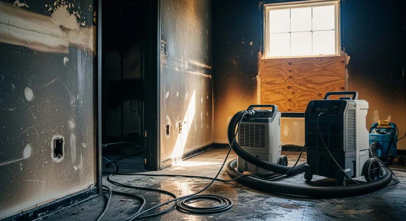 A Caroline home interior showing fire-damaged walls and ceiling being assessed by a repair technician from S.G Home Improvement. Soot-stained surfaces and exposed framing are visible in the background.