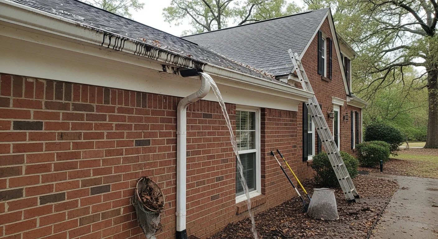 A gutter cleaning technician removing packed leaf debris and twigs from the gutters of a single-family home in Caroline County, MD. The downspout is being flushed with water, and a debris bag sits on the ground below.