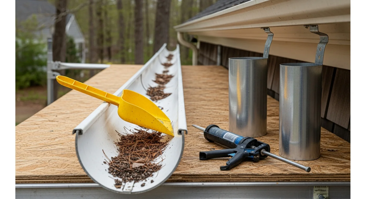 A gutter technician clearing packed leaf debris from a residential gutter on a single-family home in Caroline County, MD. Clean downspouts and re-secured brackets are visible along the roofline after the maintenance work is complete.