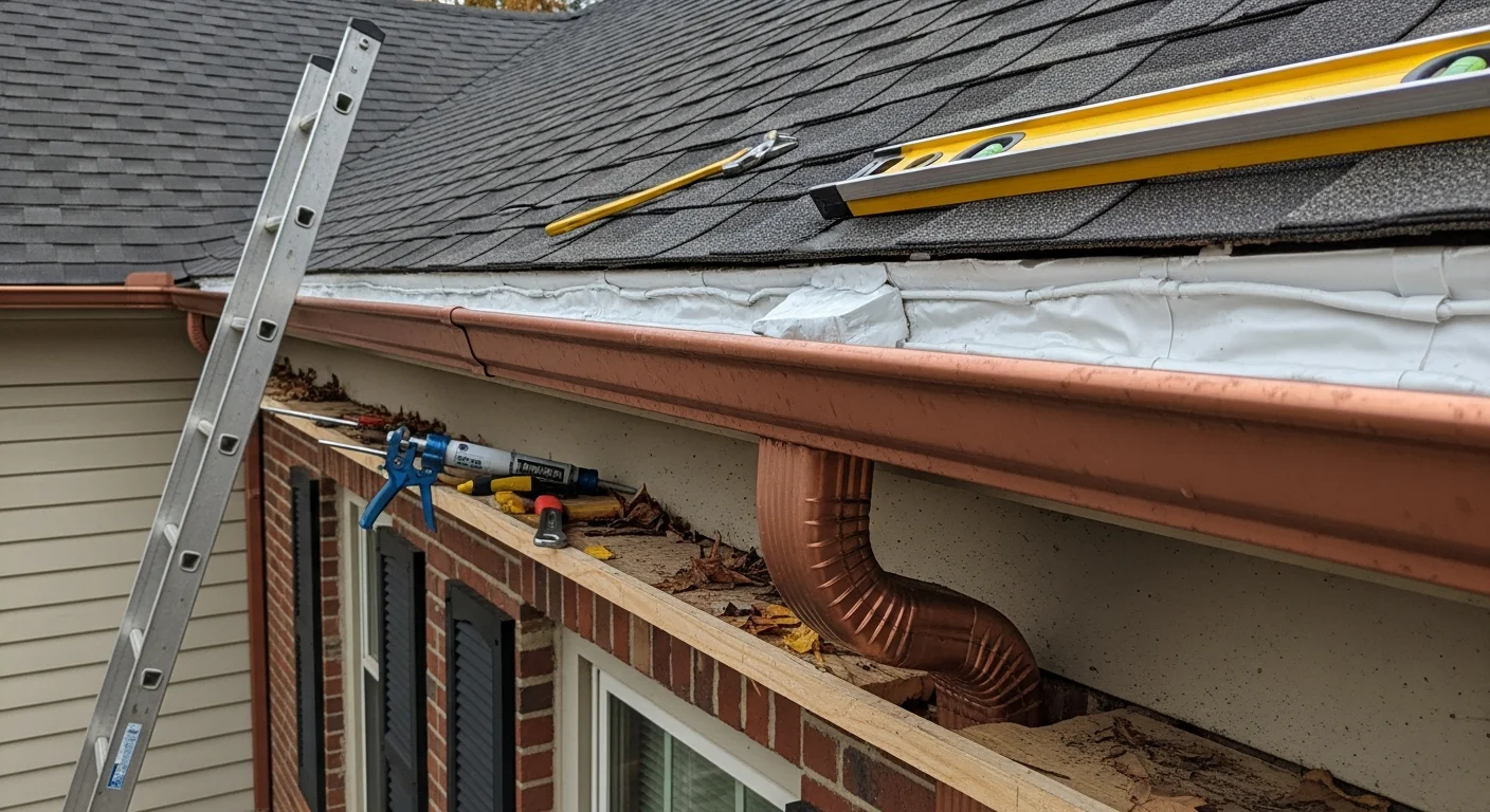 A Stark Gutter technician reattaching a sagging gutter section to the fascia of a single-family home in Caroline County, MD. The repaired gutter runs cleanly along the roofline with a properly aligned downspout directing water away from the foundation.