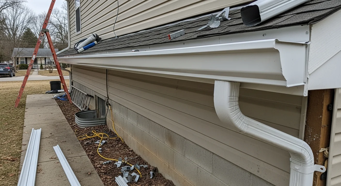 Newly installed gutters running along the roofline of a residential home in Caroline, Maryland, with downspouts positioned away from the foundation. Close view shows clean fascia attachment and properly sloped gutter run after full replacement by Stark Gutter.