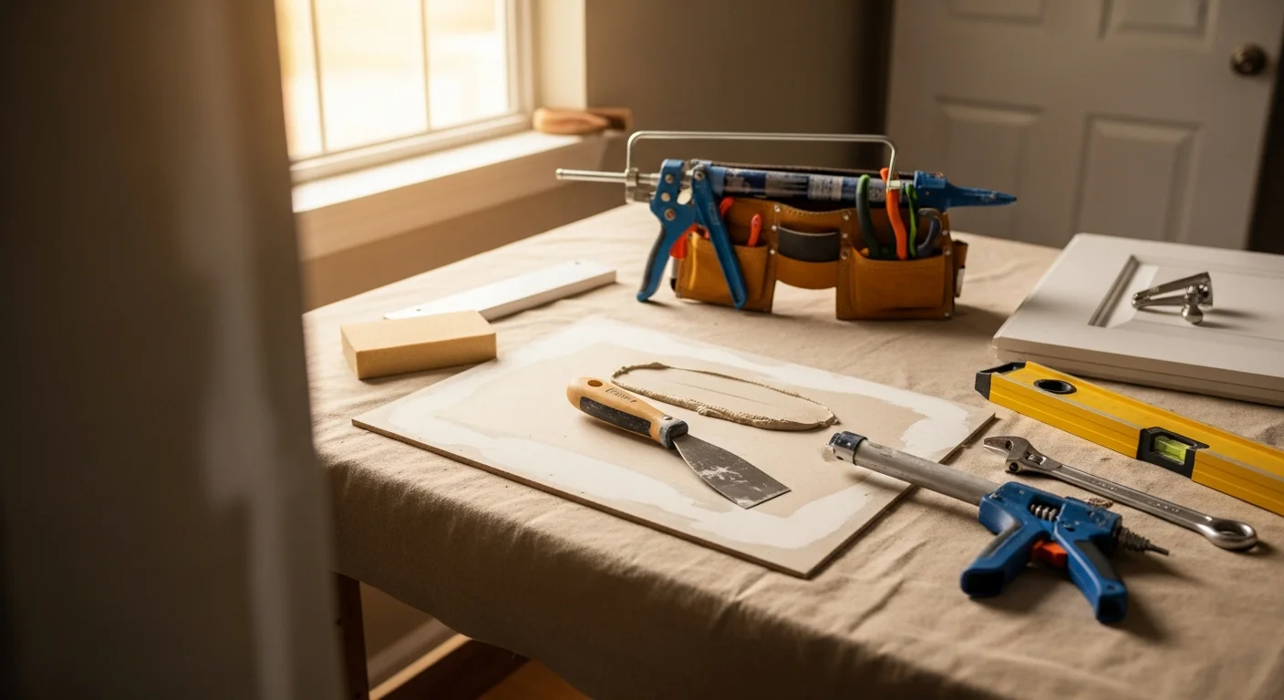A handyman repairing a wooden door frame inside a residential home in Caroline County, Virginia. Tools and trim materials are visible on a drop cloth on the floor nearby.