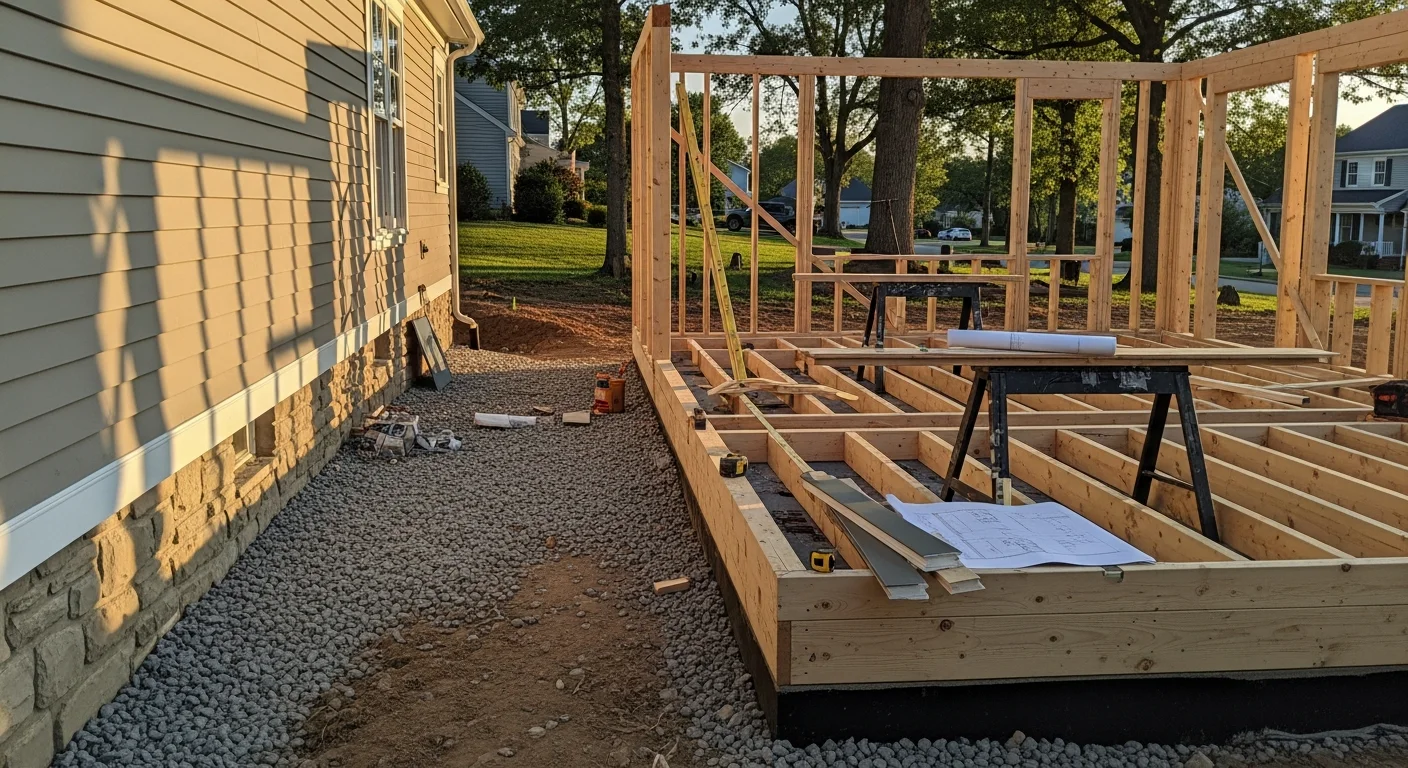 A newly completed single-story room addition attached to a single-family home in Caroline, Virginia, with matched exterior siding and a seamless roofline connection. The addition extends the rear of the home and opens into the existing living area through a wide interior doorway.
