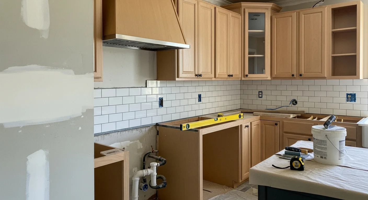 Remodeled kitchen in a Caroline County, Virginia home showing new cabinetry, updated countertops, and refreshed flooring. The space reflects a practical open layout suited to a rural Virginia single-family home.