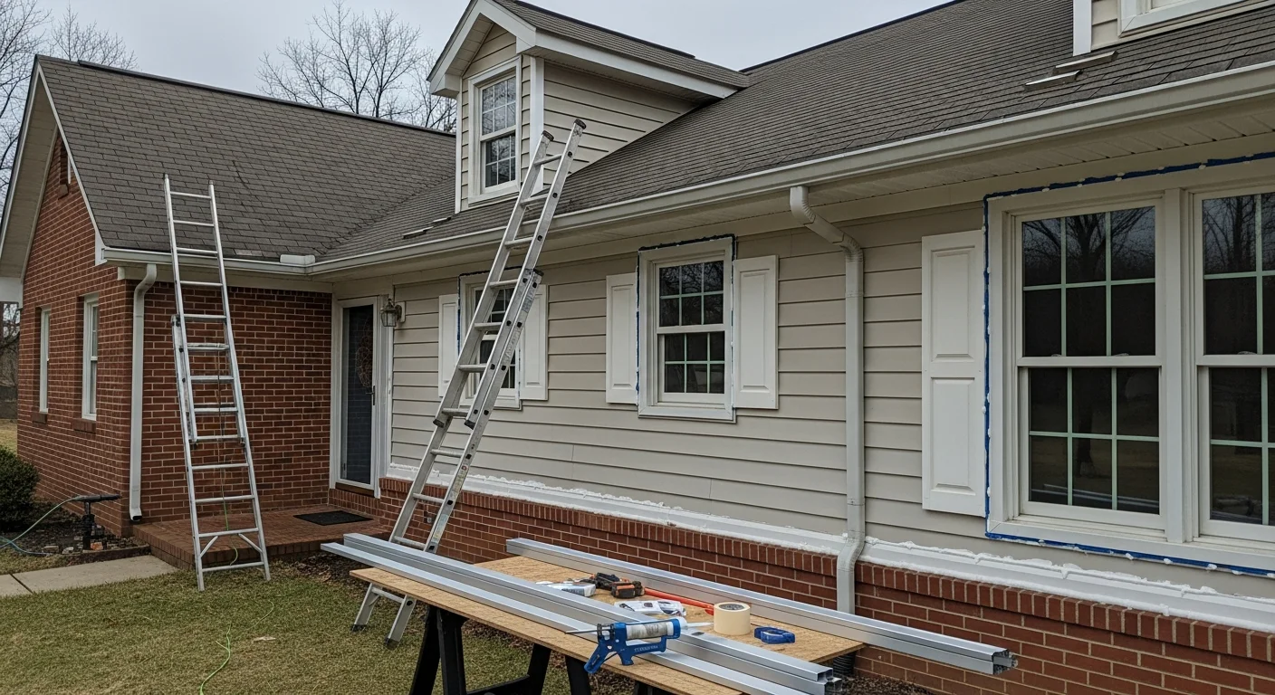 A handyman inspecting and cleaning gutters on a single-family home in Caroline County, Maryland, with visible downspouts and green lawn in the background. The exterior trim and siding are in well-maintained condition following a property maintenance visit.