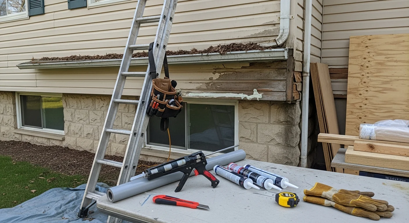 A vacant residential property in Caroline with a freshly maintained lawn, secured entry door, and cleared exterior after property preservation work. A handyman from S.G Home Improvement inspects the exterior for damage and debris.