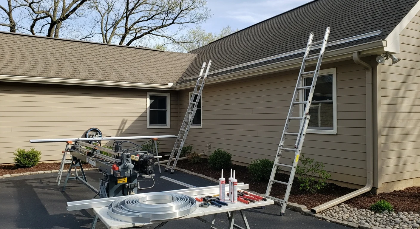 Newly installed seamless gutters running along the roofline of a residential home in Caroline, Virginia. A continuous aluminum gutter section connects to a downspout directing water away from the home's foundation.