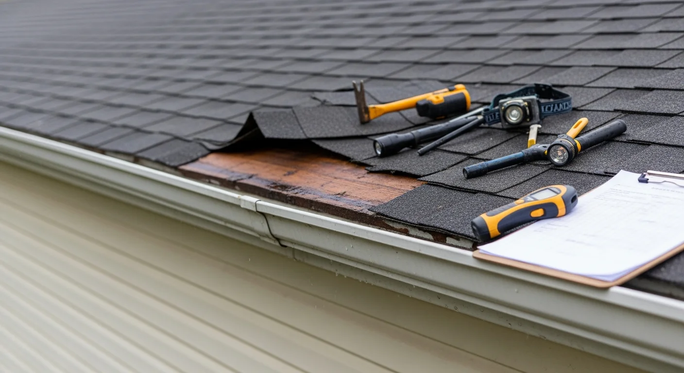 A Caroline home exterior showing a repaired roof and newly installed gutters after storm damage restoration by S.G Home Improvement. The roofline and downspouts are intact with no visible missing shingles or bent gutter sections.