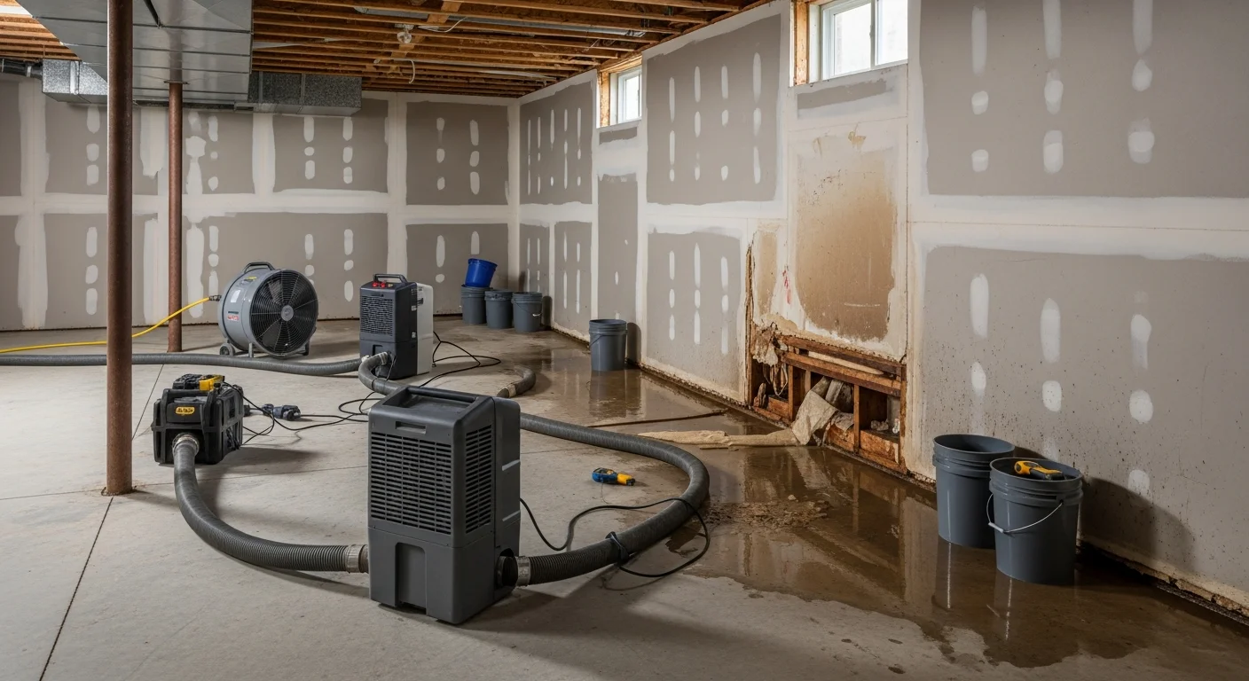 A Caroline County, Maryland home interior showing a restored room after water damage repair, with new drywall, replaced flooring, and no visible moisture staining. S.G Home Improvement crew equipment is visible in the background during the final inspection stage.