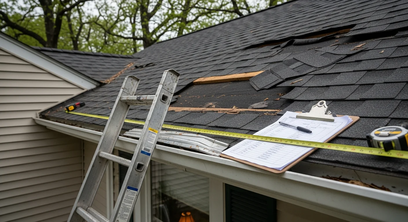 A Caroline County home with wind-damaged roof shingles lifted along the ridge line and a detached gutter section hanging from the fascia after a storm. An S.G Home Improvement crew member inspects the roofline from a ladder on the exterior of the house.